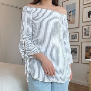 Club Monaco Off Shoulder Sleeve Tie White Navy Striped Top Size 00